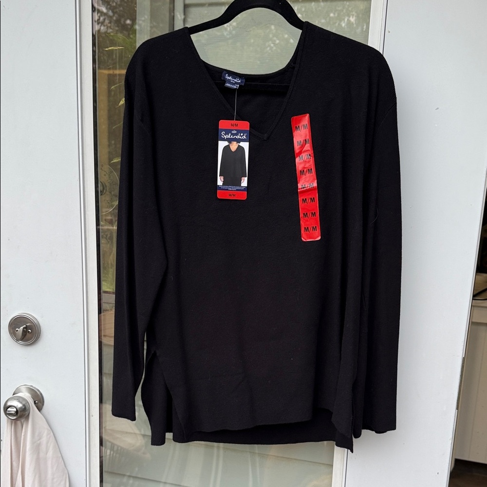 Splendid size Med Solid Black womans londsleeve sweater V Neck Shirt NWT
